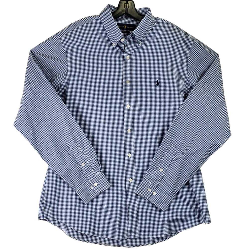 Ralph Lauren Custom Fit Button Down Shirt Mens 17 36/37 Blue Gingham Preppy Ivy
